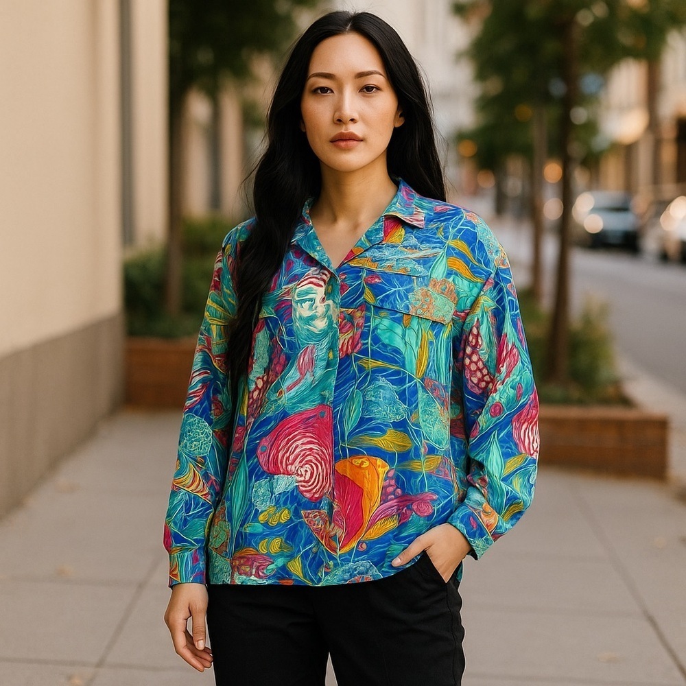 Vtg ANN MAY Silk Top L Geometric Tropical Fish Printed Button Multicolor Blouse